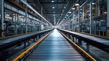 Naklejka premium Modern Factory Conveyor Belt System Industrial Manufacturing Production Line Long Perspective