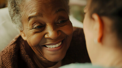 Warm interaction between elderly woman and nurse in nursing home setting