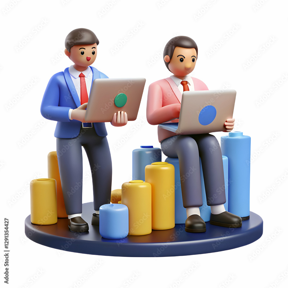 Poster assessing risk-reward investment potential: financial advisors analyzing data on laptops with ample 