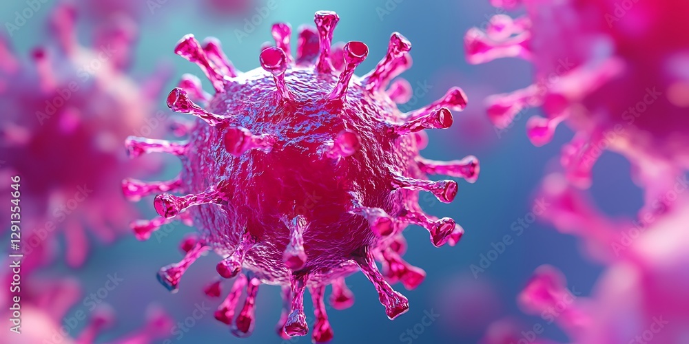 Poster a close-up view of a colorful virus particle, showcasing its unique structure and spikes against a b