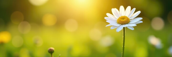Fototapeta premium A delicate white chamomile flower blooms in the sun, peaceful atmosphere, chamomile, meadow