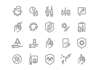 Editable vector icon set in linear style on vaccination and virus protection, includes syringes, vials, viruses, shields, certificates and group vaccination symbols. Icons are ready to use.