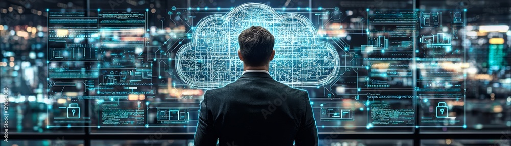 Poster businessman presenting cloud computing solutions in modern office environment with high-tech data vi