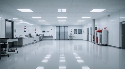 A clean and empty paramedic station with medical gear, defibrillators, and oxygen tanks ready for rapid deployment.