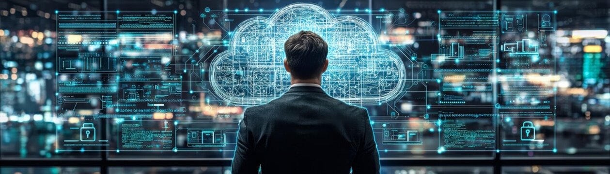 Businessman presenting cloud computing solutions in modern office environment with high-tech data visualization