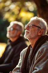 Elderly friends meditating outdoors, serene expressions of well-being