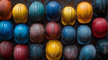 Assorted colorful hard hats piled on a surface. Workplace safety theme,
