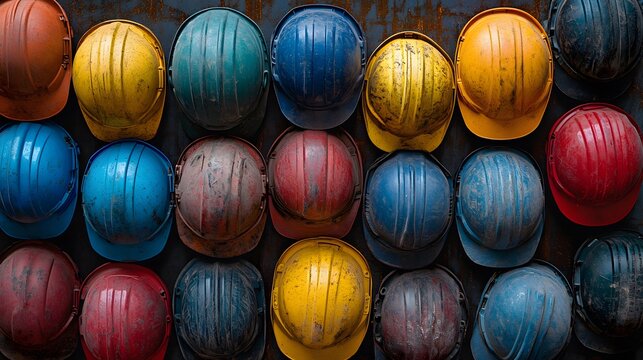 Assorted colorful hard hats piled on a surface. Workplace safety theme,


