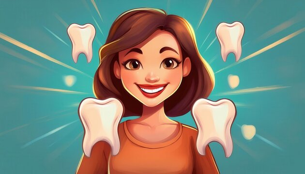 An engaging illustration depicts a joyful character promoting dental health with floating teeth.
