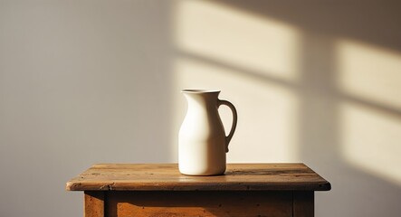 Fresh Milk Jug on Wooden Table with Natural Light.
