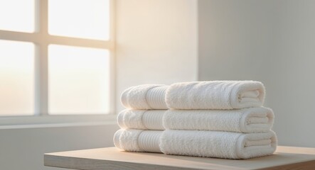 Soft white towels neatly stacked on a table in a bright room during the day.
