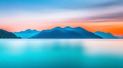 Tranquil Sunset Over Serene Lake with Mountain Silhouettes