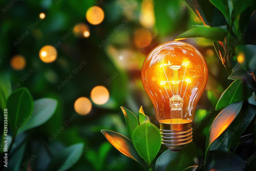 Poster illuminated lightbulb surrounded by lush greenery and soft bokeh effect background