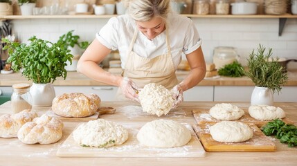 Woman shaping bread dough in a kitchen
