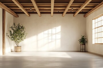 Obraz premium Empty sunlit room with wooden beams