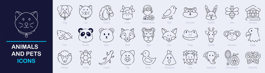 Animals and Pets Outline Vector Icon Collection. A set of outline icons related to Dog, Cat, Tiger, Monkey, Veterinarian, Animal Care, Fish and more. Editable stroke. Vector illustration