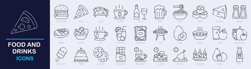 Food and Drink Outline Vector Icon Collection. A set of outline icons related to Restaurant, Menu, Fast Food, Pizza, Breakfast, Fruits, Burger, Coffee and more. Editable stroke. Vector illustration