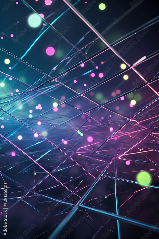 Poster vibrant abstract design showcasing colorful lights and intersecting lines in a digital space