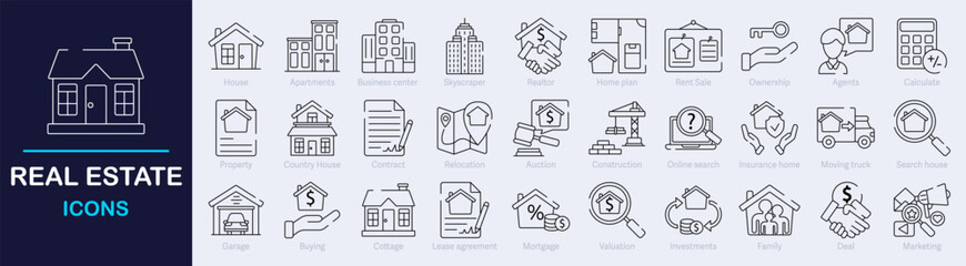 Fototapeta premium Real Estate Outline Vector Icon Collection. A set of outline icons related to property, buying, renting, house, mortgage, housing, rental of premise and more. Editable stroke. Vector illustration