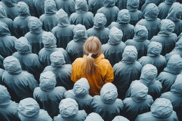 Top view of grey crowd of identical people and special one woman, difference and diversity concept. Unique among the faceless, not like everyone else. Listening to music, looks happy. Collage