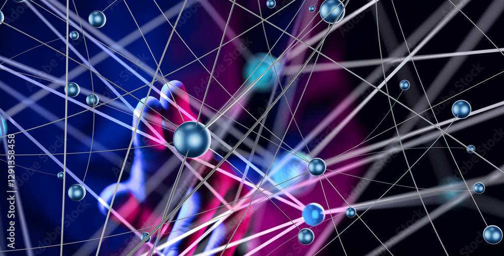 Poster Global network. Blockchain. 3D illustration. Neural networks and artificial intelligence. Abstract