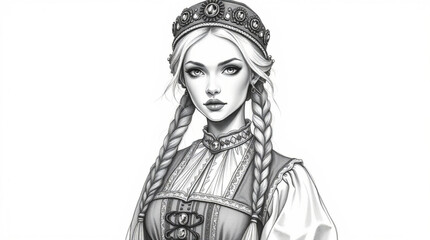 Fototapeta premium Black and white pencil portraits of Slavic Woman in Traditional Attire with Braids Posing Gracefully Against White Background
