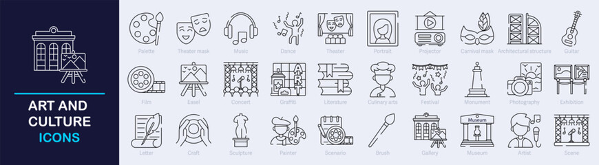 Art and Culture Outline Vector Icon Collection. A set of outline icons related to artist, painting, museum, architecture,  image, music, creative and more. Editable stroke. Vector illustration © mi-vector