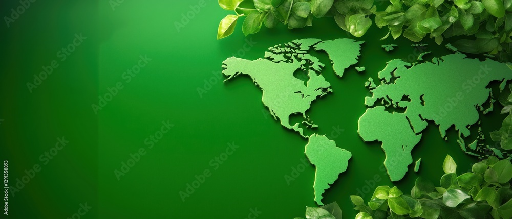 Poster green global map on abstract background with leafy elements for policy designs