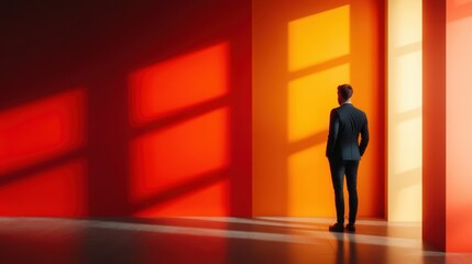 A solitary figure stands in front of a vibrant, multi-colored wall, pondering the interplay of light and shadow, embodying the expression of contemplation and creativity.