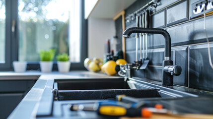 Emergency pipe repair under a kitchen sink, with tools and equipment neatly arranged on the countertop