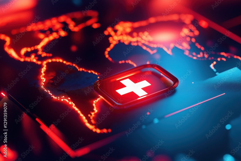 Poster digital emergency alert notification with flashing red cross and world map background