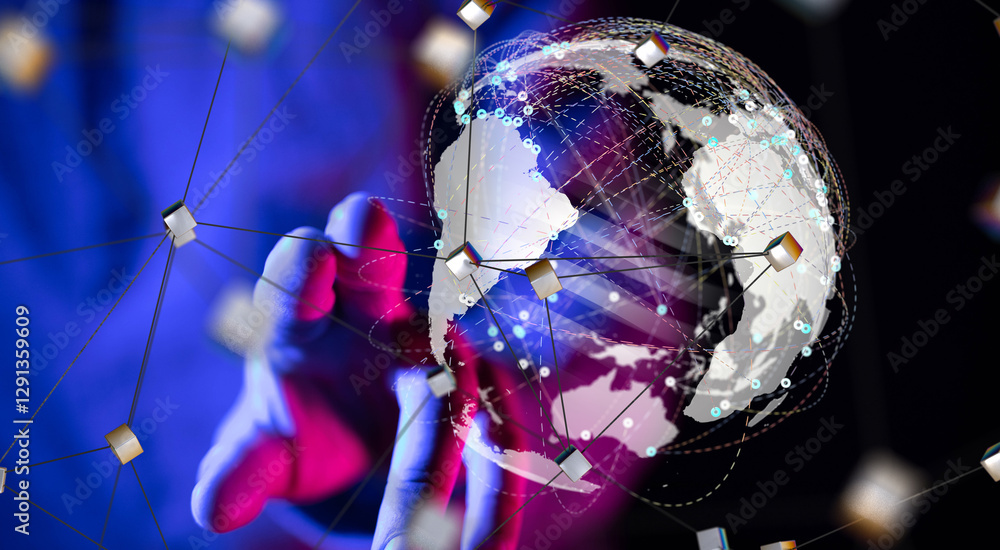 Poster world Global network. Blockchain. 3D illustration. Neural networks and artificial intelligence. Abstract