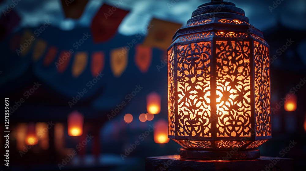 Poster close up of lantern intricate design, glowing warmly in evening. atmosphere is enchanting with color
