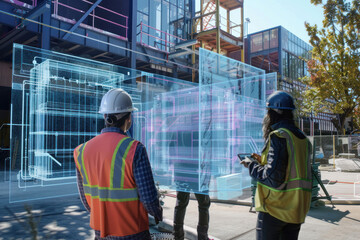 Fototapeta premium Engineers developing sustainable energy systems in an urban environment, with a mix of 3D models and virtual reality prototypes