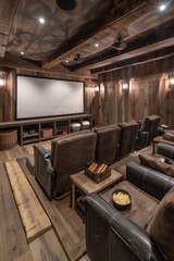 Fototapeta premium Entertainment room with a projector screen, cozy recliners, and snack stations for family movie nights