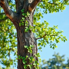 Fototapeta premium A puzzle tree with variously shaped pieces resembling tree bark and green foliage, piece,, bark