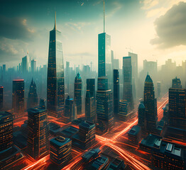 Naklejka premium Full moon over the city, aerial view Night city from the observation deck on the top of the mountain Night from the point of view on the top of the mountain.generative ai 