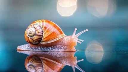 A intricately patterned shell is photographed alongside a snail, set against a reflective surface, emphasizing the delicate details and textures found in nature's small wonders.