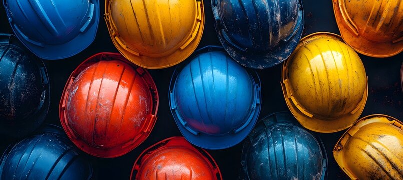Assorted colorful hard hats piled on a surface. Workplace safety theme,


