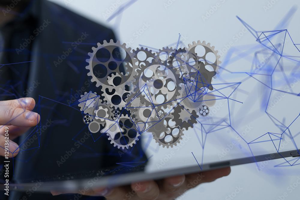 Poster gear system data. Connecting lines and dots.Big data visualization  - neural network exposure digital