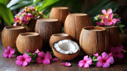 Coconut shell cups with tropical flowers on wooden surface.