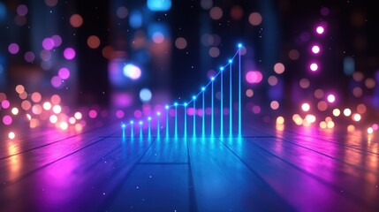 Obraz premium Neon Growth Chart on Dark Wooden Floor with City Lights Bokeh Background