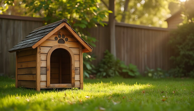 High-resolution wooden doghouse with a carved paw print in a green backyard under warm sunlight