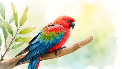 Obraz premium Tropical parrot resting on a wooden perch with delicate brushstrokes in bright harmonious colors