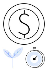 Dollar sign in coin outline, stopwatch, and leaf. Ideal for finance, investment, savings, time management, growth eco-friendly practices sustainability concepts. Abstract line flat metaphor