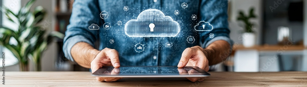 Poster digital consultant presenting cloud computing solutions in modern office environment professional pe