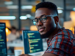 Realistic Image of Black Software Developer in Startup Environment