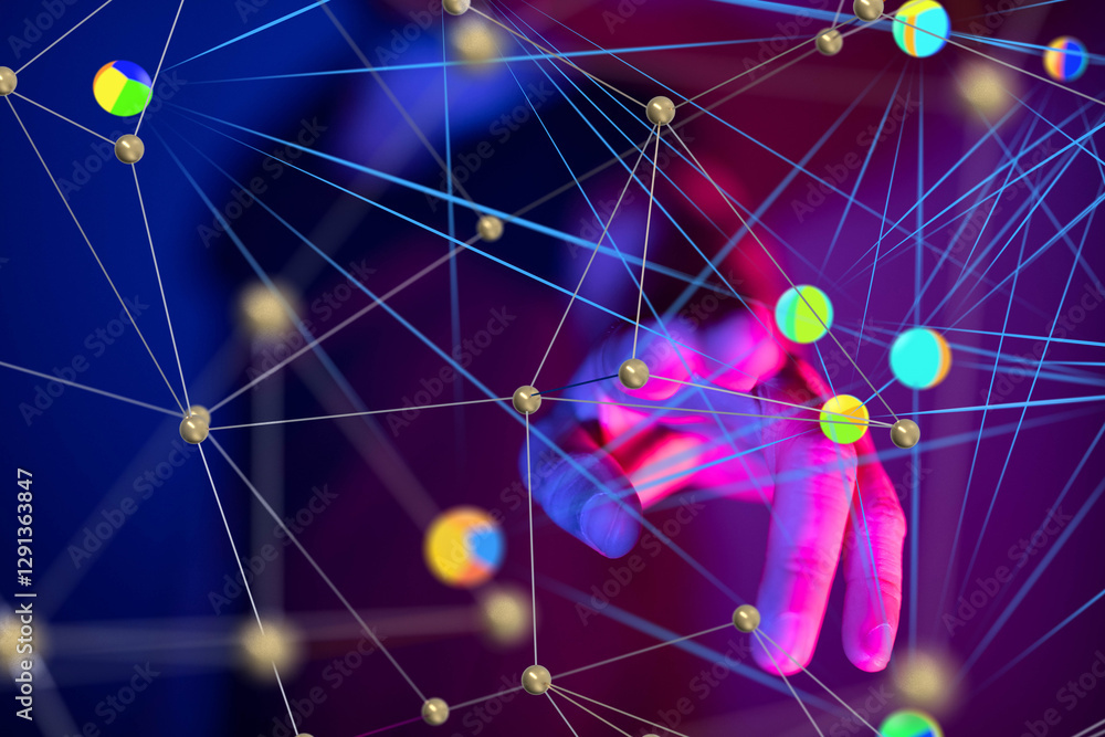Poster Global network. Blockchain. 3D illustration. Neural networks and artificial intelligence. Abstract