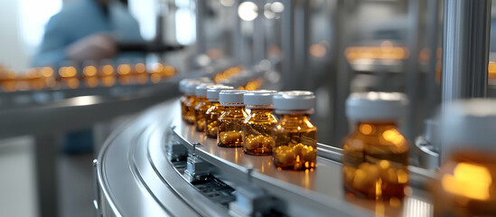 Pharmacist oversees drug vials on production conveyor in high-capacity facility