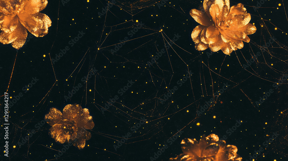 Poster elegant golden spiderweb background with delicate floral elements